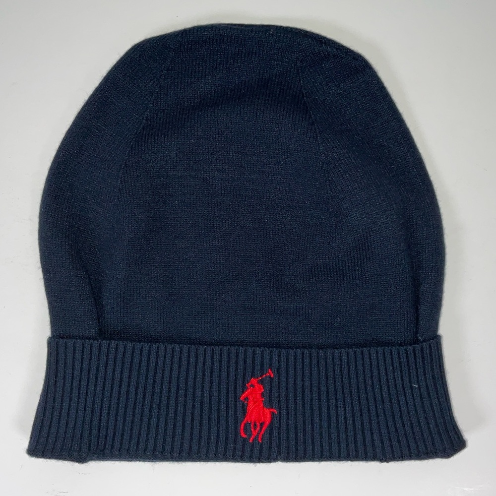 NWOT Men’s Ralph Lauren Polo Rib Knit Cuff‎ Beanie Winter Hat Navy w/ Red Pony
